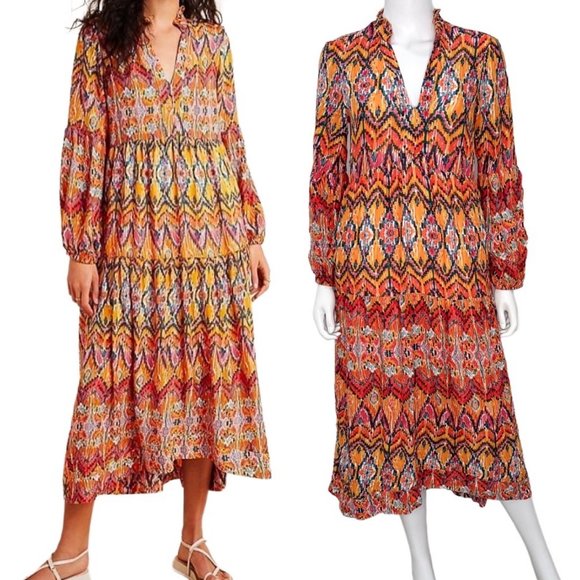 Anthropologie Maeve Tamarind Tiered Maxi Dress in Ikat Multicolor Print Size SP - Picture 1 of 15